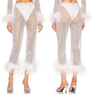 Santa Brands Rhinestone Crystal Embellished Feather Hem Sheer White Pants XS/S
